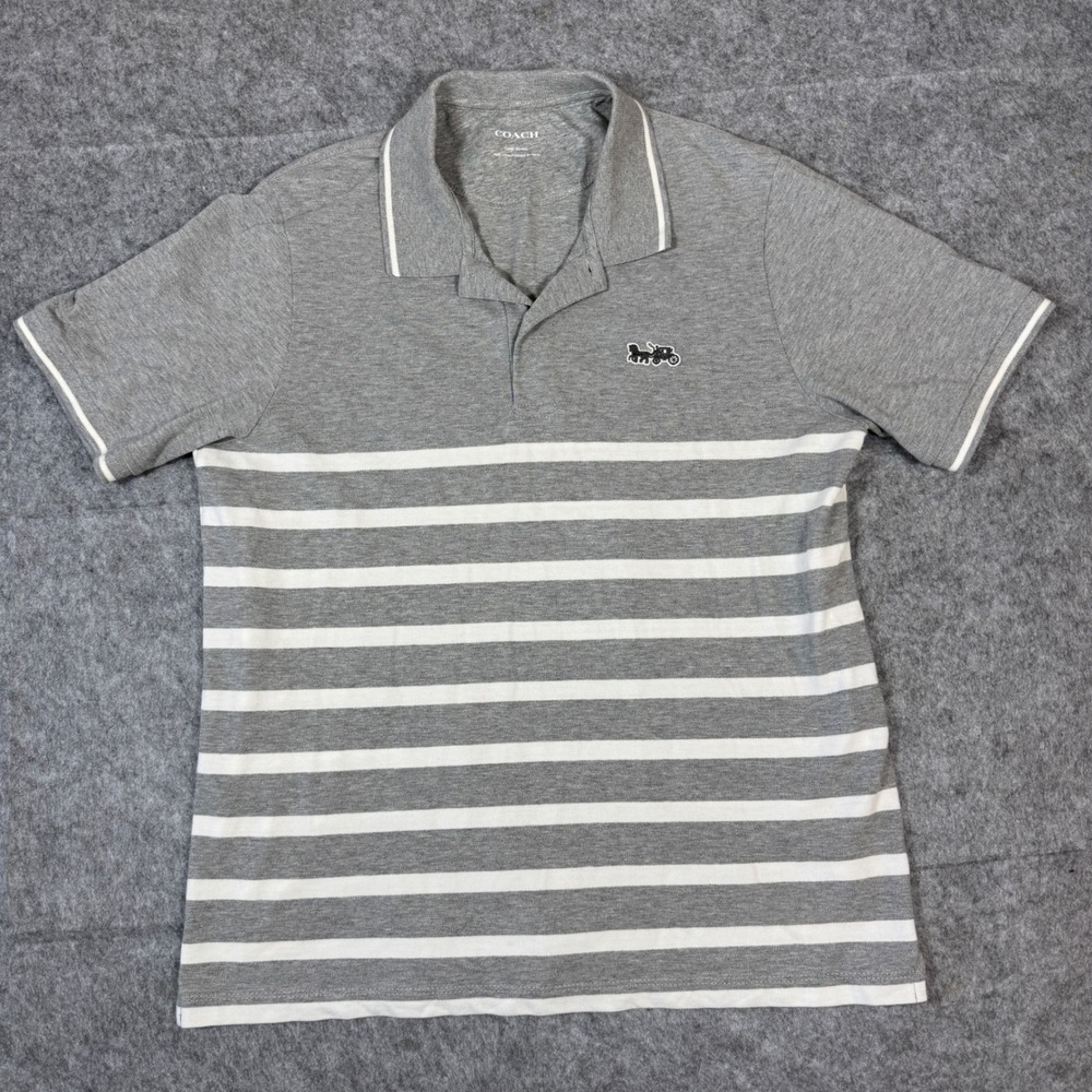 Coach Polo Shirt Mens L Large Gray Striped Short Sleeve Cotton Comfort